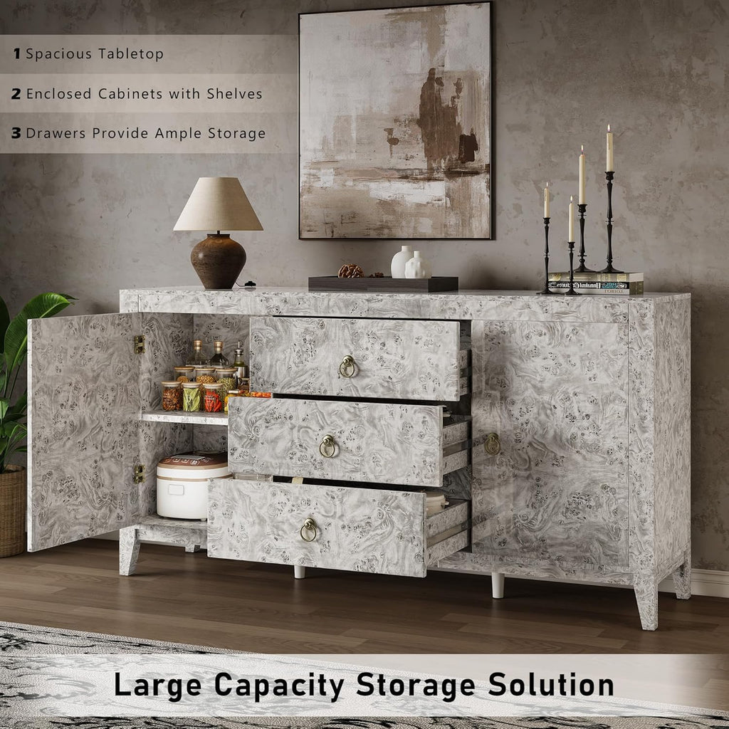 LUXOAK 60'' High Gloss Burl Wood Buffet Sideboard, Storage Cabinet with 3 Drawers & 2 Closed Cabinets, Modern Buffet Table for Dining Room,Living Room, Grey