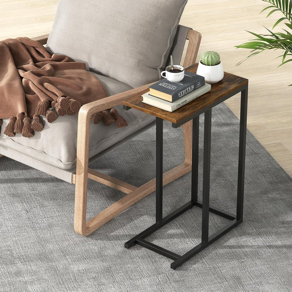 HOMGX C-Shaped Sofa Side Table, Industrial End Table with Metal Frame, Compact Bedside Table, Couch Side Table for Bedroom, Study, Living Room (Rustic Brown)