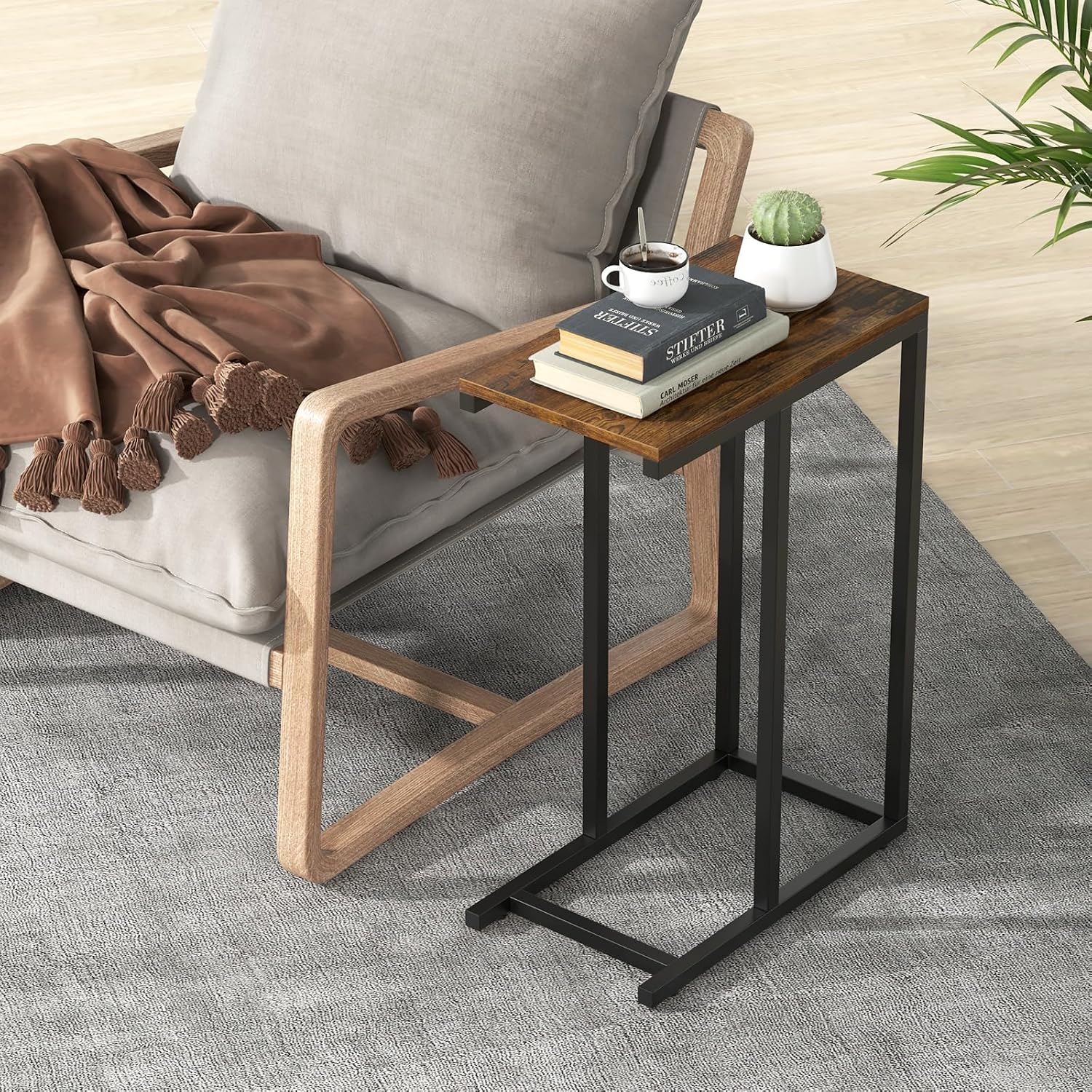 HOMGX C-Shaped Sofa Side Table, Industrial End Table with Metal Frame, Compact Bedside Table, Couch Side Table for Bedroom, Study, Living Room (Rustic Brown)