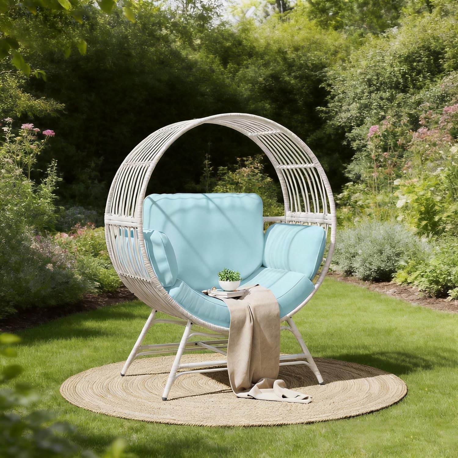 Bifanuo Oversized Egg Chair for Indoor Outdoor Use – Rattan Hanging Basket Chair with Thickened Cushion Supports 350 LBS – Wicker Patio Lounge Chair for Balcony Porch Living Room Backyard (Blue)