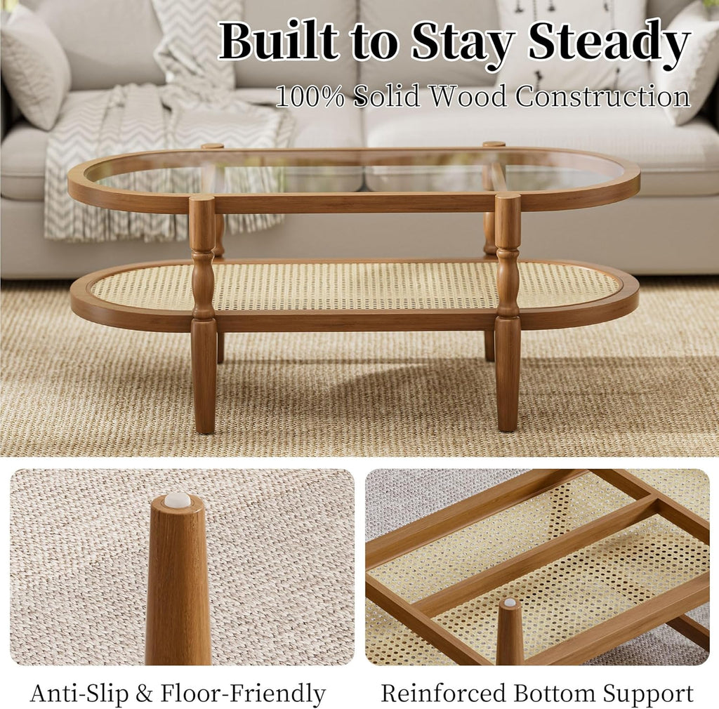 Rattan Coffee Table, Oval Cocktail Table with Glass Top and Solid Wood Frame, Boho Indoor & Outdoor Coffee Table, Brown, 40 in