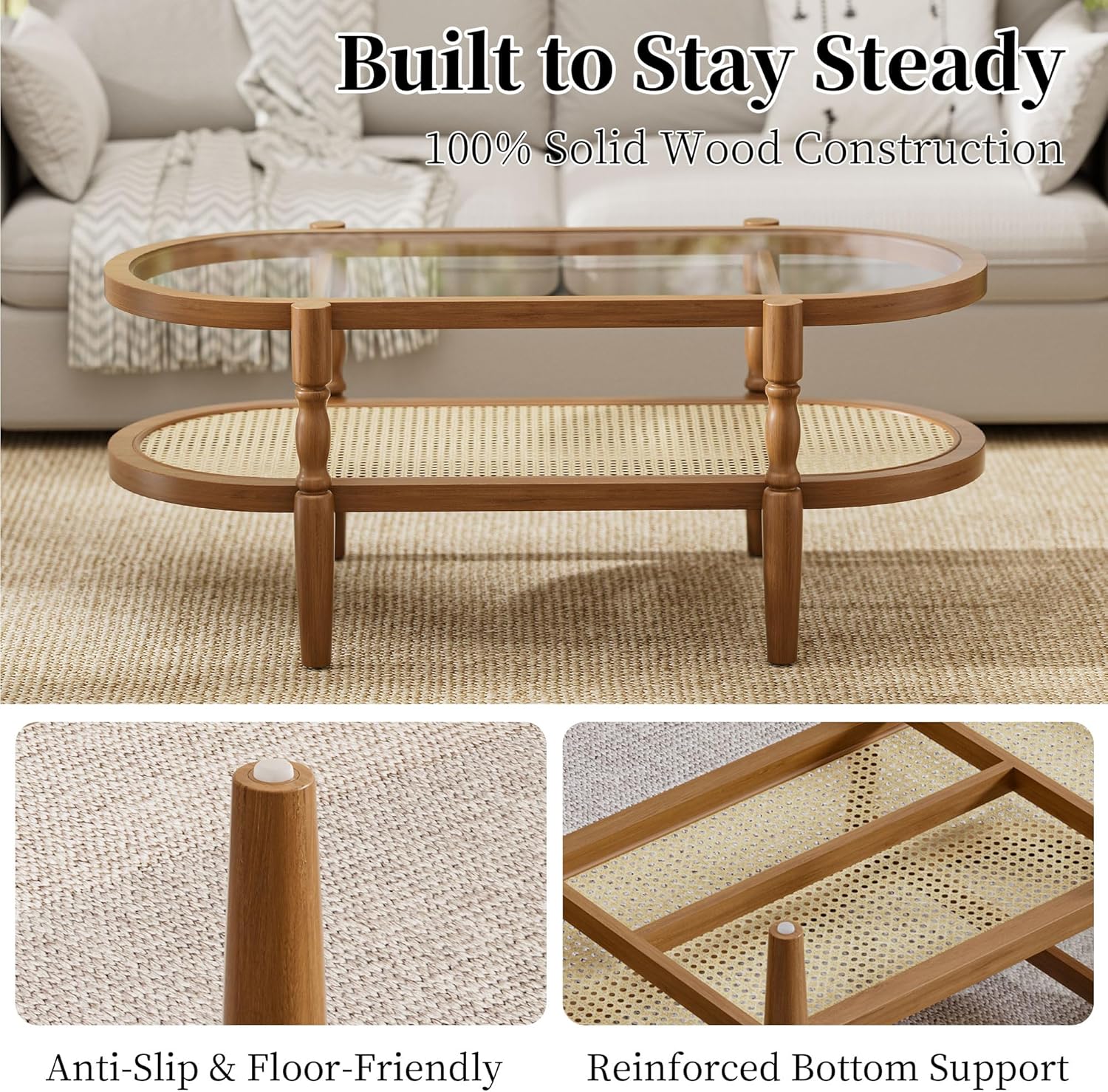 Rattan Coffee Table, Oval Cocktail Table with Glass Top and Solid Wood Frame, Boho Indoor & Outdoor Coffee Table, Brown, 40 in