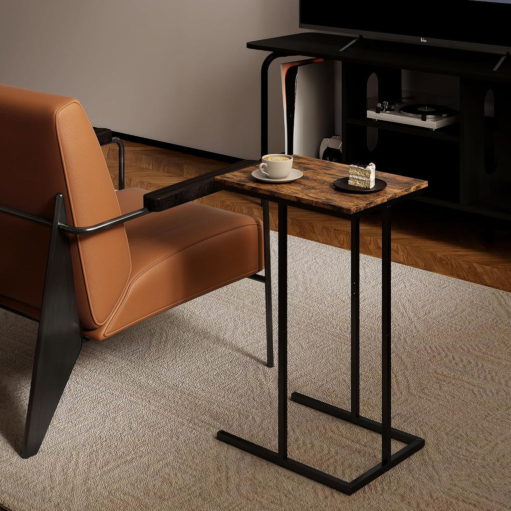 Manora Set of 2 C Shaped Side Tables for Living Room, Industrial End Table Sofa Table, Rustic Wood Look Laptop Snack Table, Small Couch Table for Bedroom, Rustic Brown