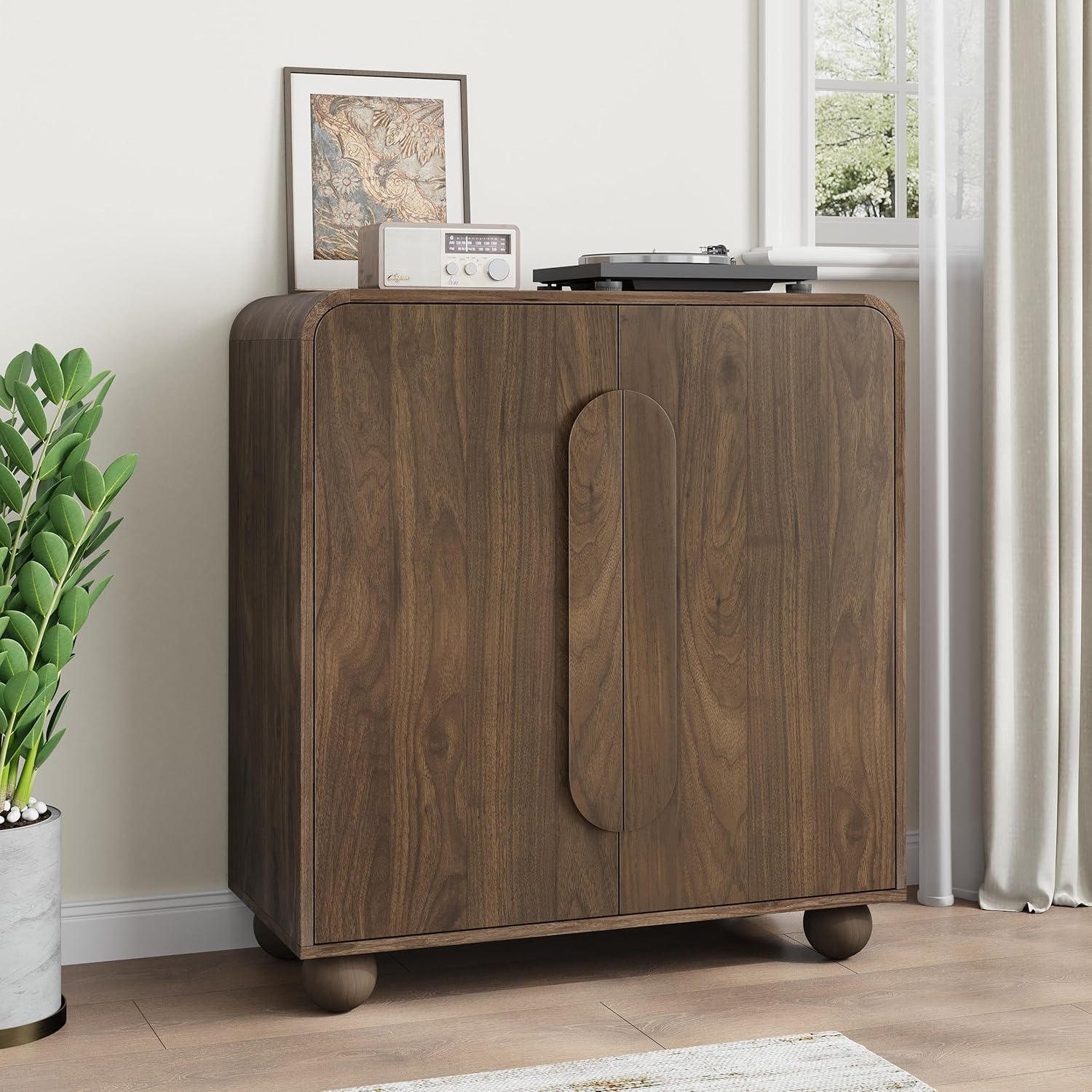 Smuxee Walnut Sideboard Cabinet, Freestanding Buffet Cabinet with Spherical Feet, Wood Storage Cabinet with Adjustable Shelf for Living Room, Entryway, Hallway