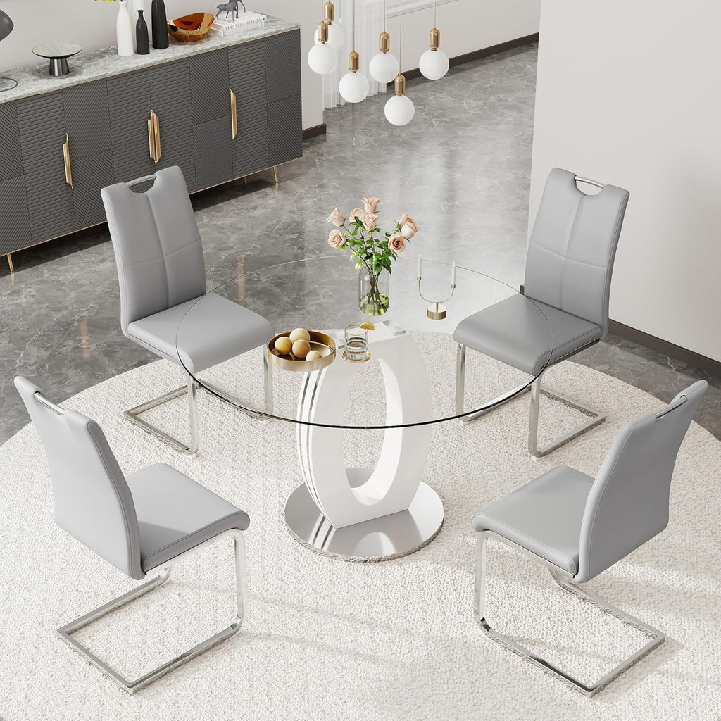 RGZ 39'' Modern Luxury Clear Glass Round Dining Table for 4-6, Glass Circle Top Kitchen Table with Elegant Silver Decorative Strips & White Silver Base, Dinner Table for Home, Living Room, Apartment