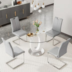 RGZ 39'' Modern Luxury Clear Glass Round Dining Table for 4-6, Glass Circle Top Kitchen Table with Elegant Silver Decorative Strips & White Silver Base, Dinner Table for Home, Living Room, Apartment