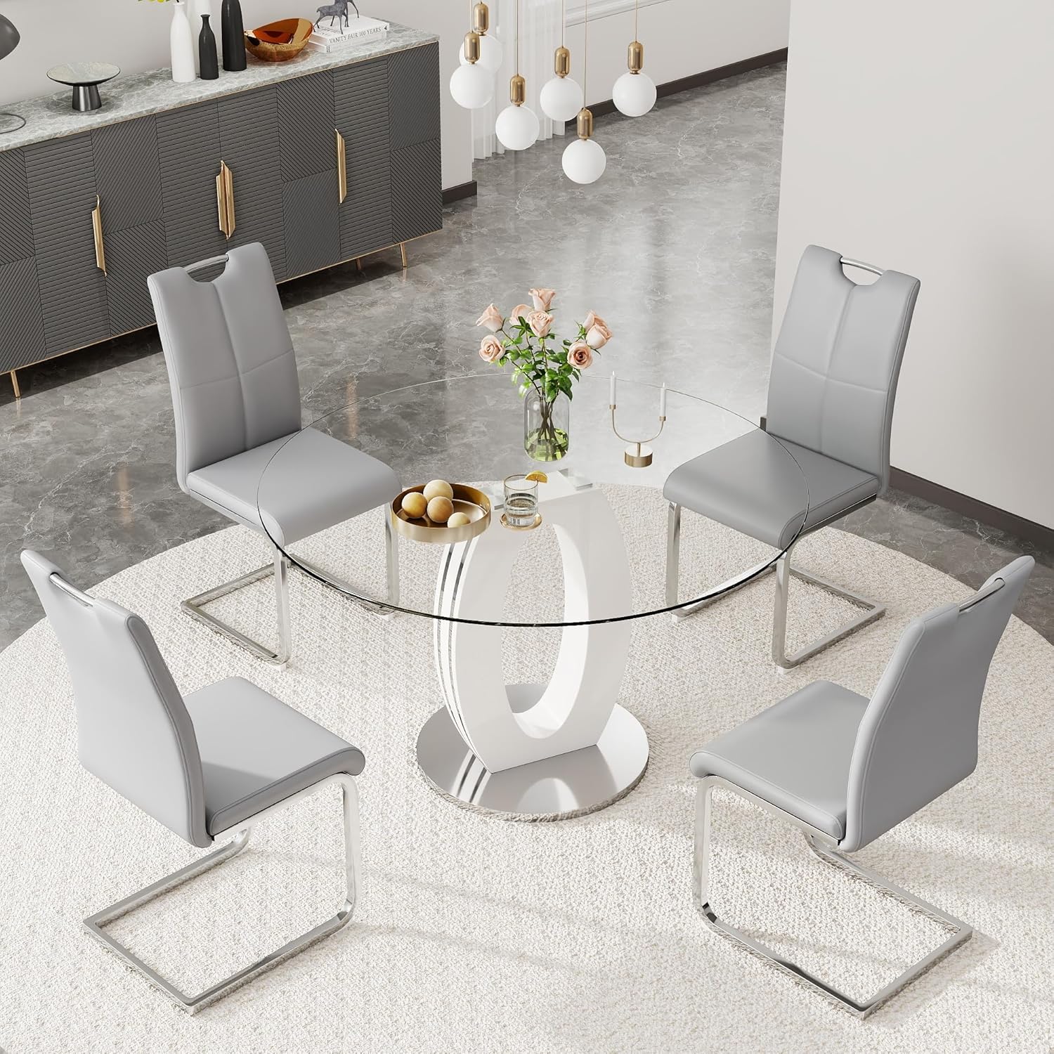RGZ 39'' Modern Luxury Clear Glass Round Dining Table for 4-6, Glass Circle Top Kitchen Table with Elegant Silver Decorative Strips & White Silver Base, Dinner Table for Home, Living Room, Apartment