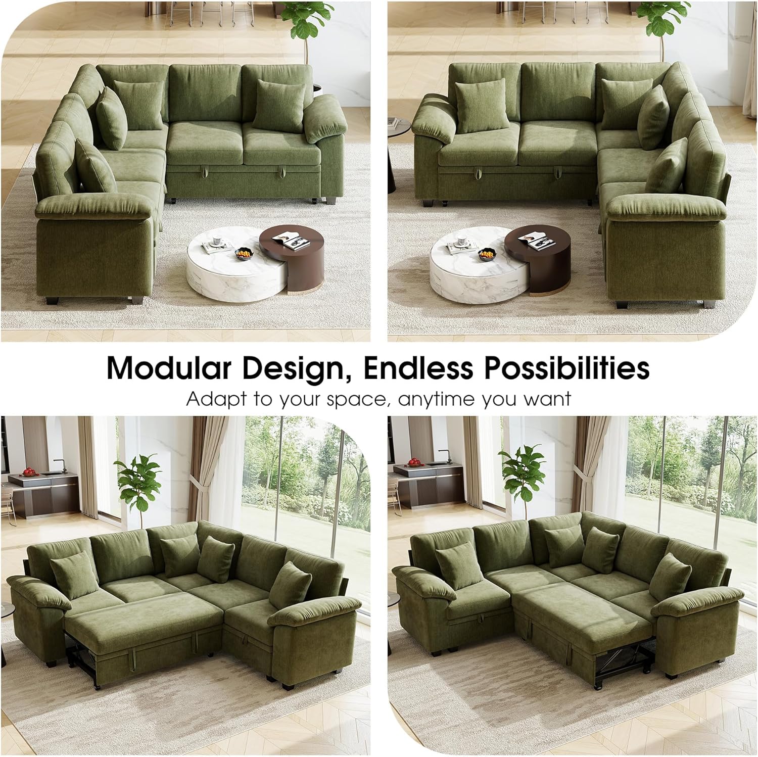 86" Modular Sectional Sleeper Sofa with Pull Out Bed, L Shaped 5 Seat Couch with 151L Storage, Convertible Cloud Couch Bed, Sectional Couches for Living Room, Apartment (Green)
