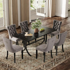 7-Piece Modern Dining Table Set, 63" Rectangular Black Faux Marble Dining Table with Curved Metal Legs and 6 Gray Velvet Upholstered Dining Chairs with Solid Wood Legs, Kitchen Furniture