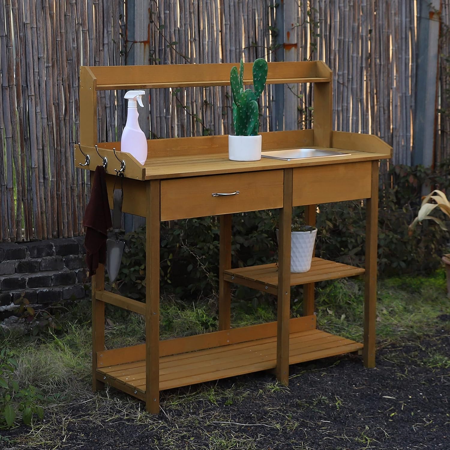 MUPATER Potting Bench Garden Table for Outdoors with Removable Stainless Sink, Planting Work Bench with Storage Shelves and Drawer, Natural Wood