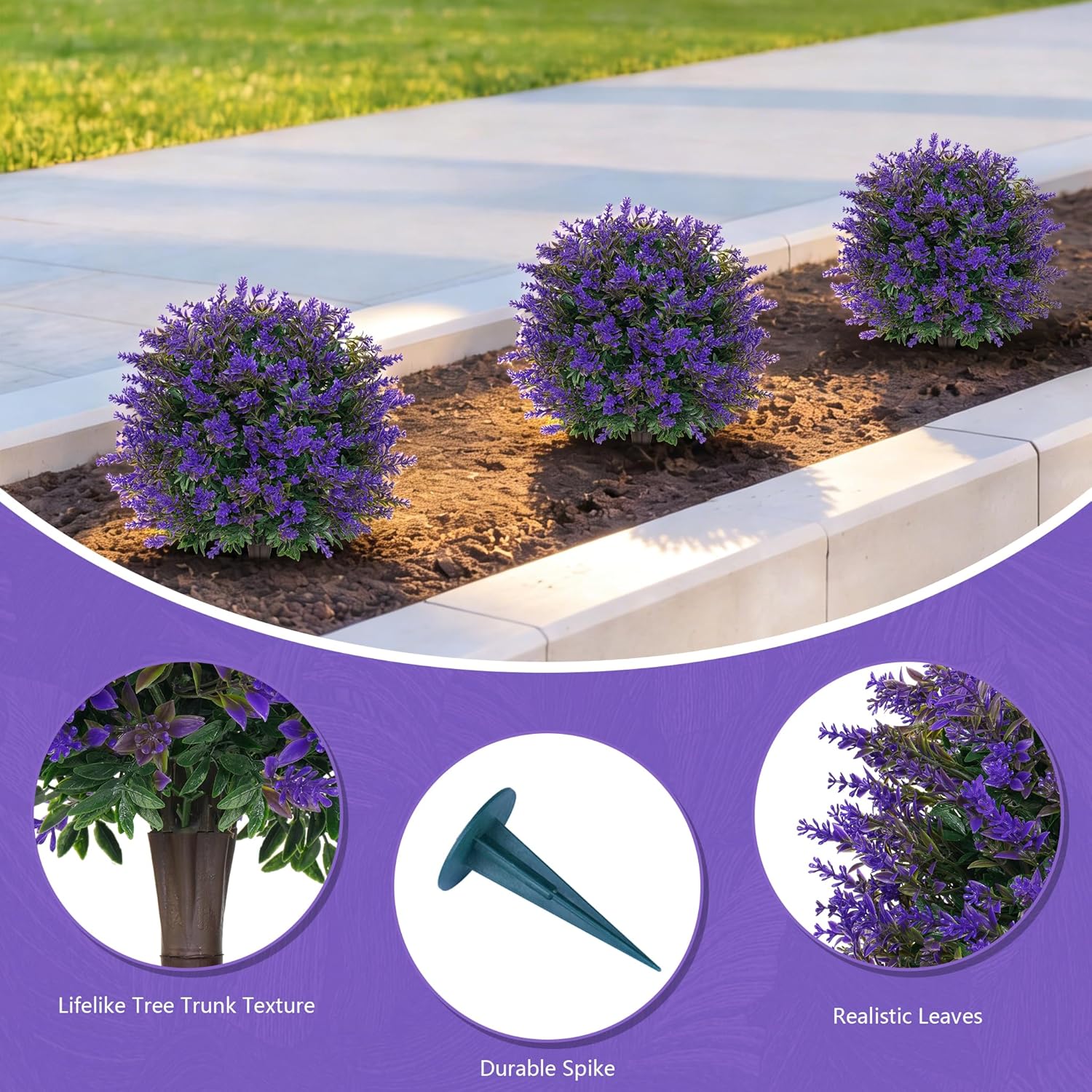 Yangrass Artificial Lavender Boxwood Topiary Ball Trees, 2 Pack Artificial Outdoor Shrubs with Spike, UV Resistant Fake Bushes Plants for Outside Indoors Garden Front Porch