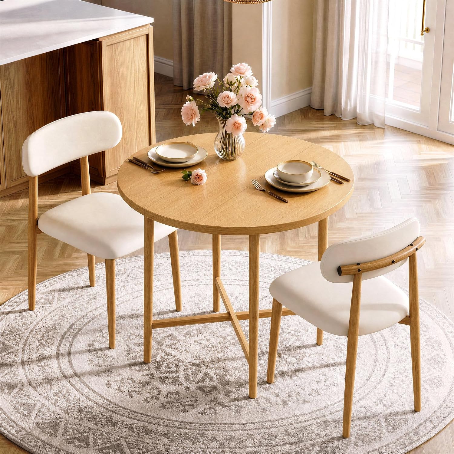 IRONCK 36" Round Dining Table and Chairs Set for 2, Natural Wood | Drop Leaf, 2 Upholstered Chairs, Space Saving, Extendable Kitchen Table