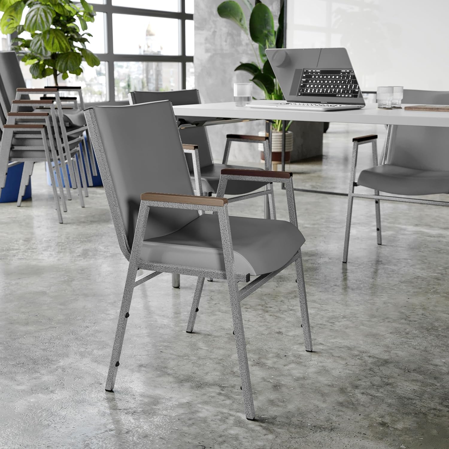 Flash Furniture Hercules Series Heavy Duty Gray Vinyl Stack Chair with Arms and Ganging Bracket, Set of 4