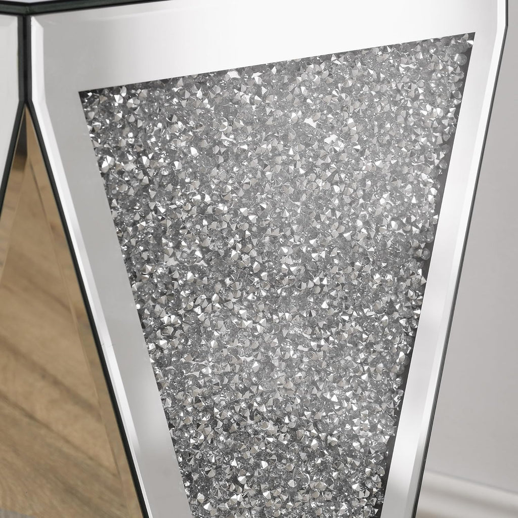 Mirrored End Table Modern Inverted Triangular Side Table with Crystal Design Decorative Glass Accent Small Coffee Table Bedside Table for Home Decoration Crystal Diamond Bed Night Stand