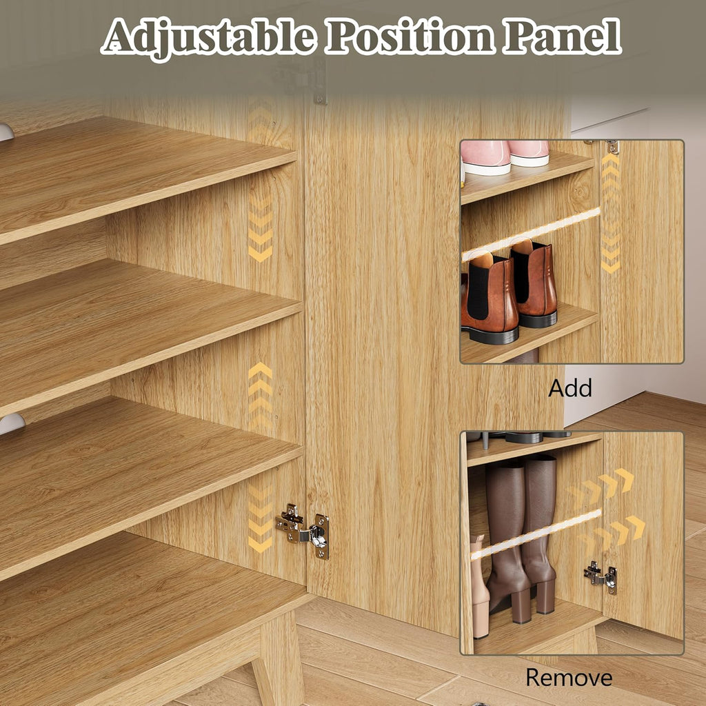 Shoe Cabinet Storage for Entryway with Doors, 4 Tier Fluted Shoe Organizer with 2 Drawers, Entryway Shoe Storage with Adjustable Shelves, Freestanding Hidden Shoe Rack for Front Door Entrance, Oak