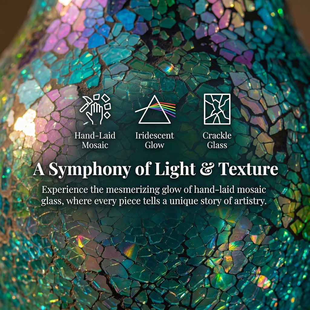 8" Iridescent Crackle Glass Vase, Handmade Deep Teal Green & Violet Mosaic Flower Vase, Dynamic Light-Reactive Art Centerpiece for Home Decor