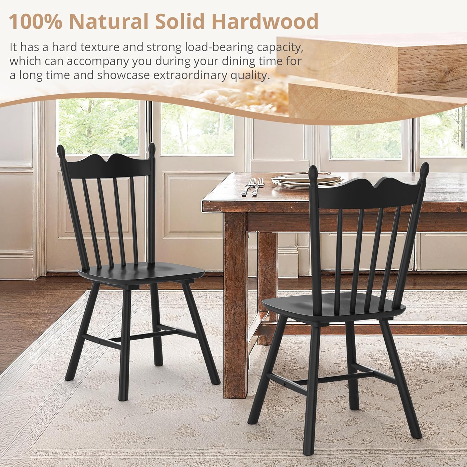 LUE BONA Black Dining Chairs Set of 4, Windsor Wooden Dining Chair with Thickened Backrest, Morden and Mid Century Kitchen Chairs for Dining Room Farmhouse, Weight Capacity 350 lbs