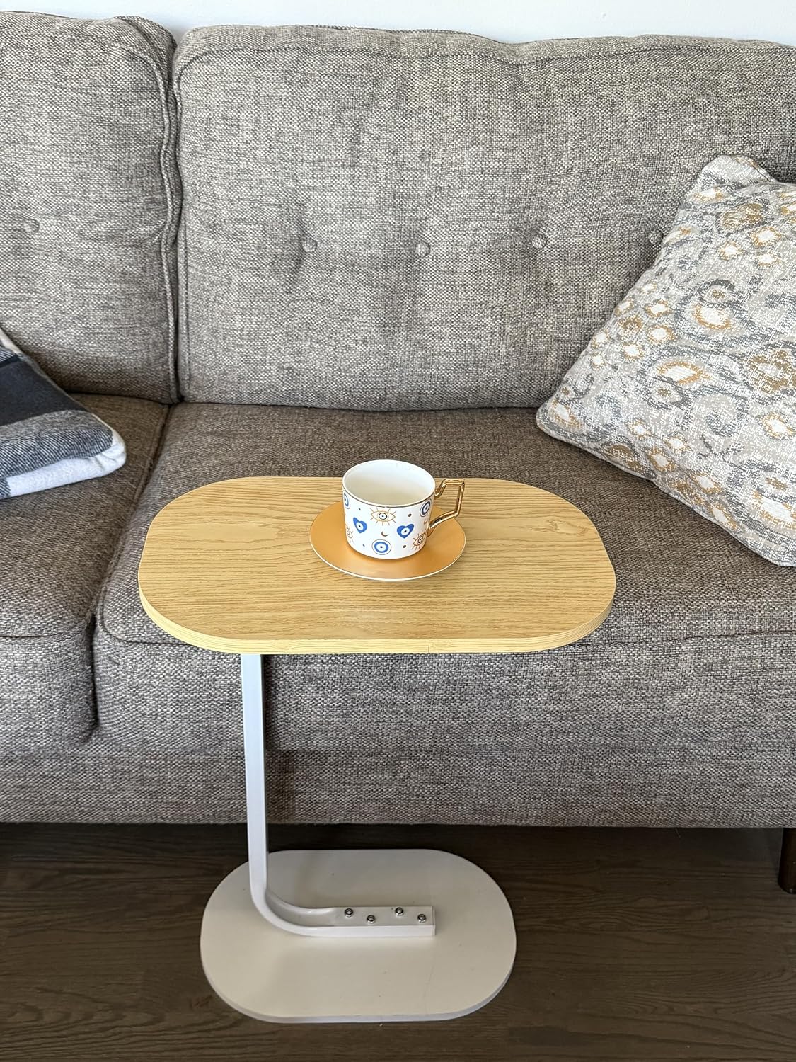 C Shape End Table with Oval Top, Wood Brown Beige Grain and White Metal Base, Sofa Side Table for Coffee and Laptop