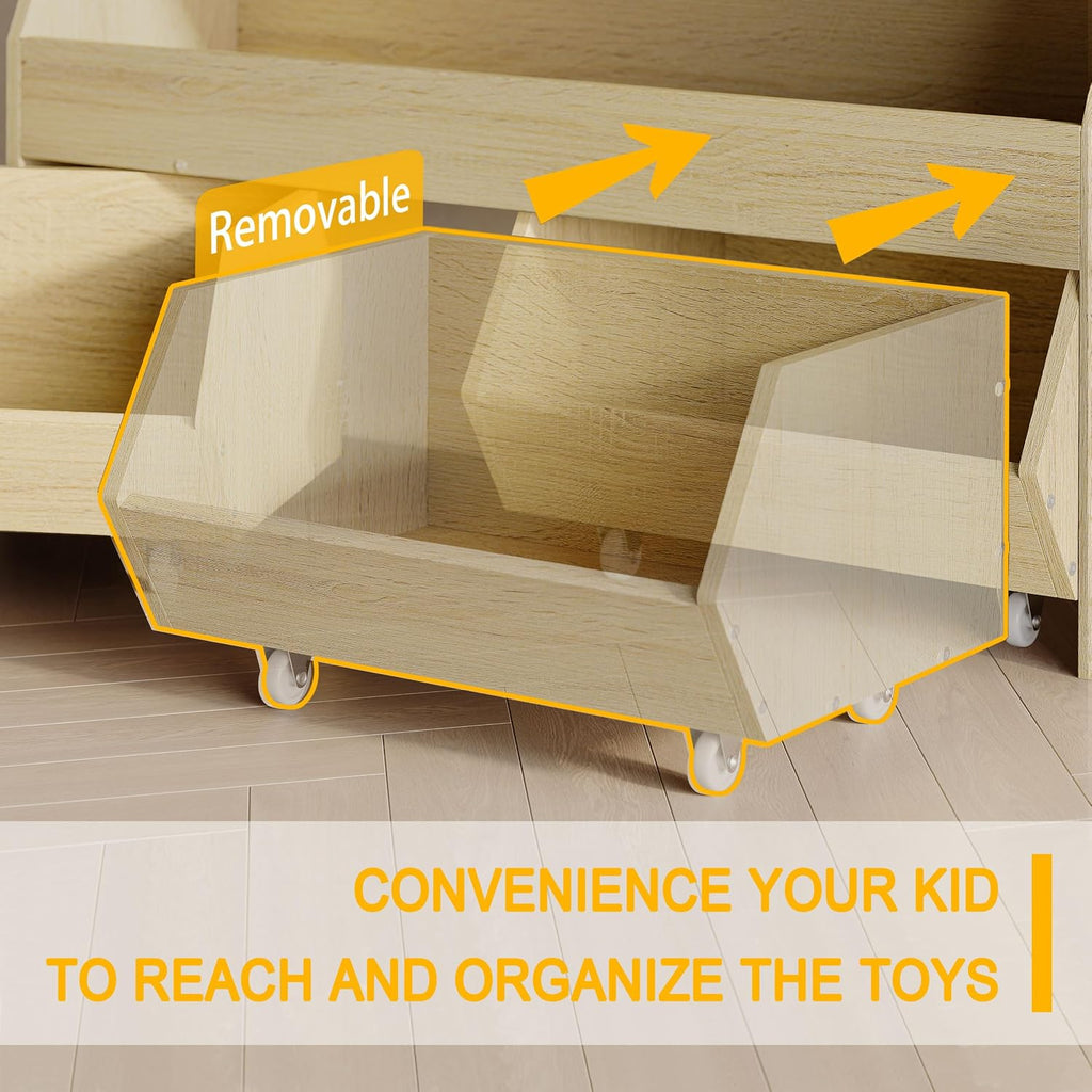 Fulhope Toy Storage Organizer for Kids, Toy Storage Cabinet with Drawers, Boys and Girls Toy Shelf with Wheels, Toy Organizer Kids Bookshelf with Storage for Nursery, Playroom, Bedroom (Burlywood)