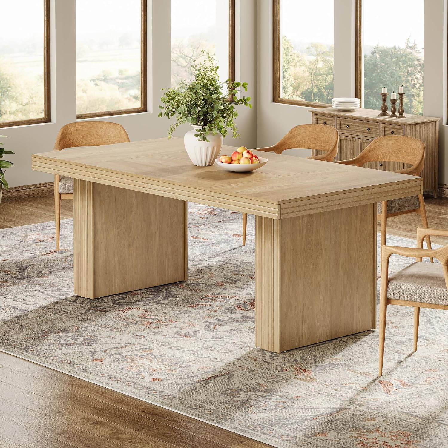 Tribesigns 63 Inches Farmhouse Dining Table for 6, Modern Kitchen Table with Fluted Line for Dining Room, Living Room, Natural