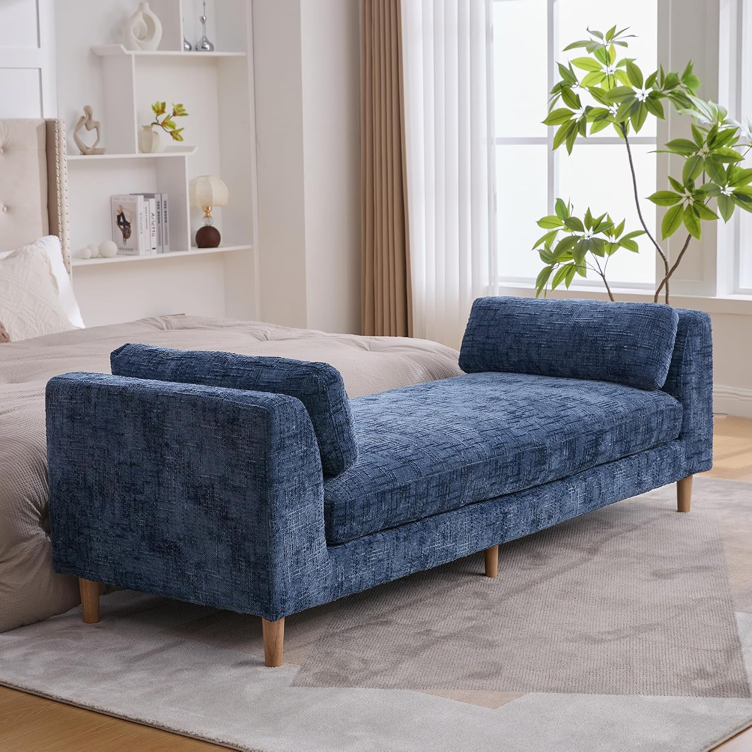 mikibama 83.1" Extra Long Ottoman Bench for Bedroom,Oversized Chenille Upholstered Chaise Lounge Sofa Benches,Modern End of Bed Bench with Arms,Lounger Daybed Couch with Pillows (Blue)
