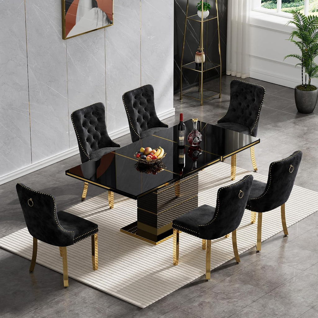 SSLine 70" Modern High Gloss Dining Table for 6, Black Wooden Tabletop with Gold Stainless Steel Trim, Geometric Pedestal Base, Luxury Elegant Kitchen Table for Home Office Dining Room