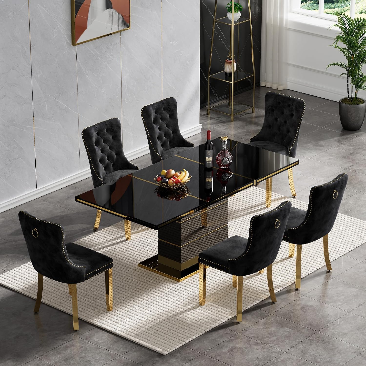 SSLine 70" Modern High Gloss Dining Table for 6, Black Wooden Tabletop with Gold Stainless Steel Trim, Geometric Pedestal Base, Luxury Elegant Kitchen Table for Home Office Dining Room