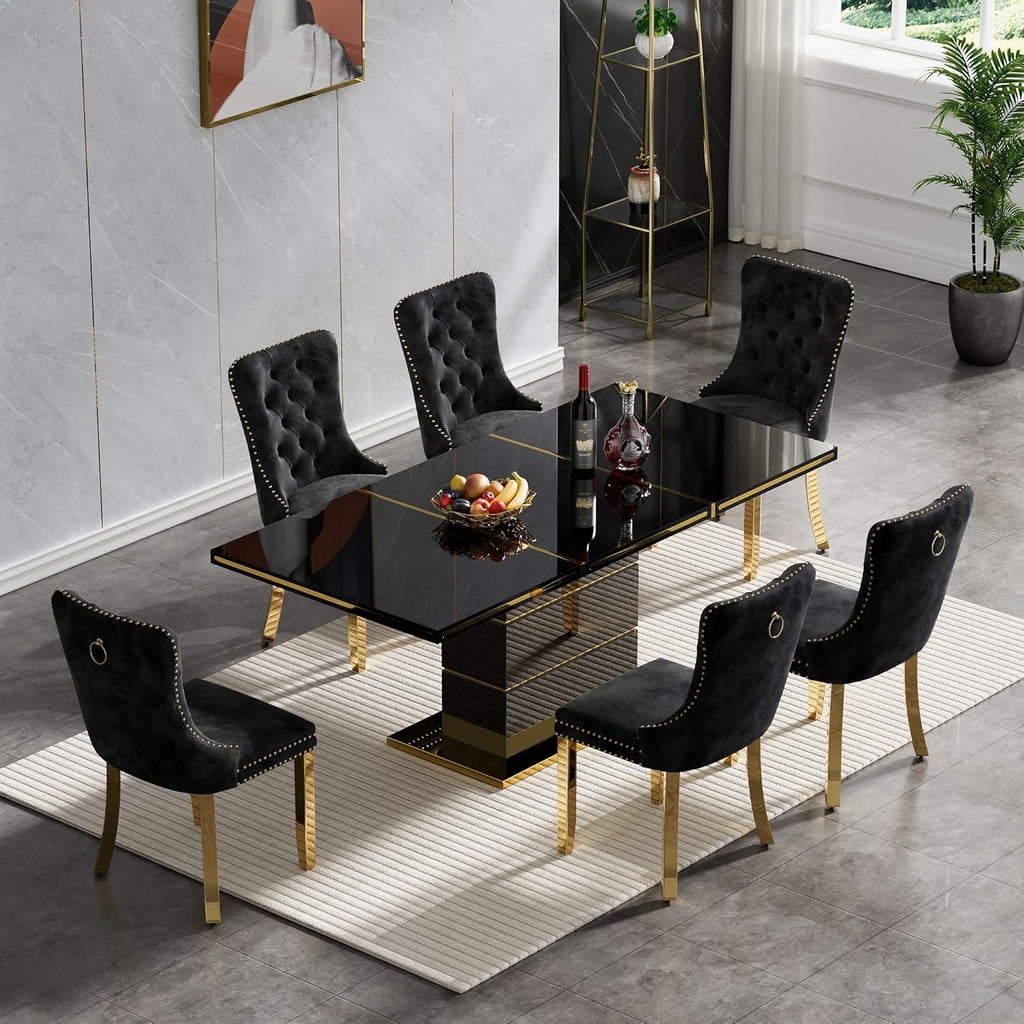 70 Inch Black High Gloss Dining Table, Modern Dining Room Table with Stainless Steel Polished Gold-Plated Bar, Luxurious Kitchen Table for Kitchen Living Room Dining Room
