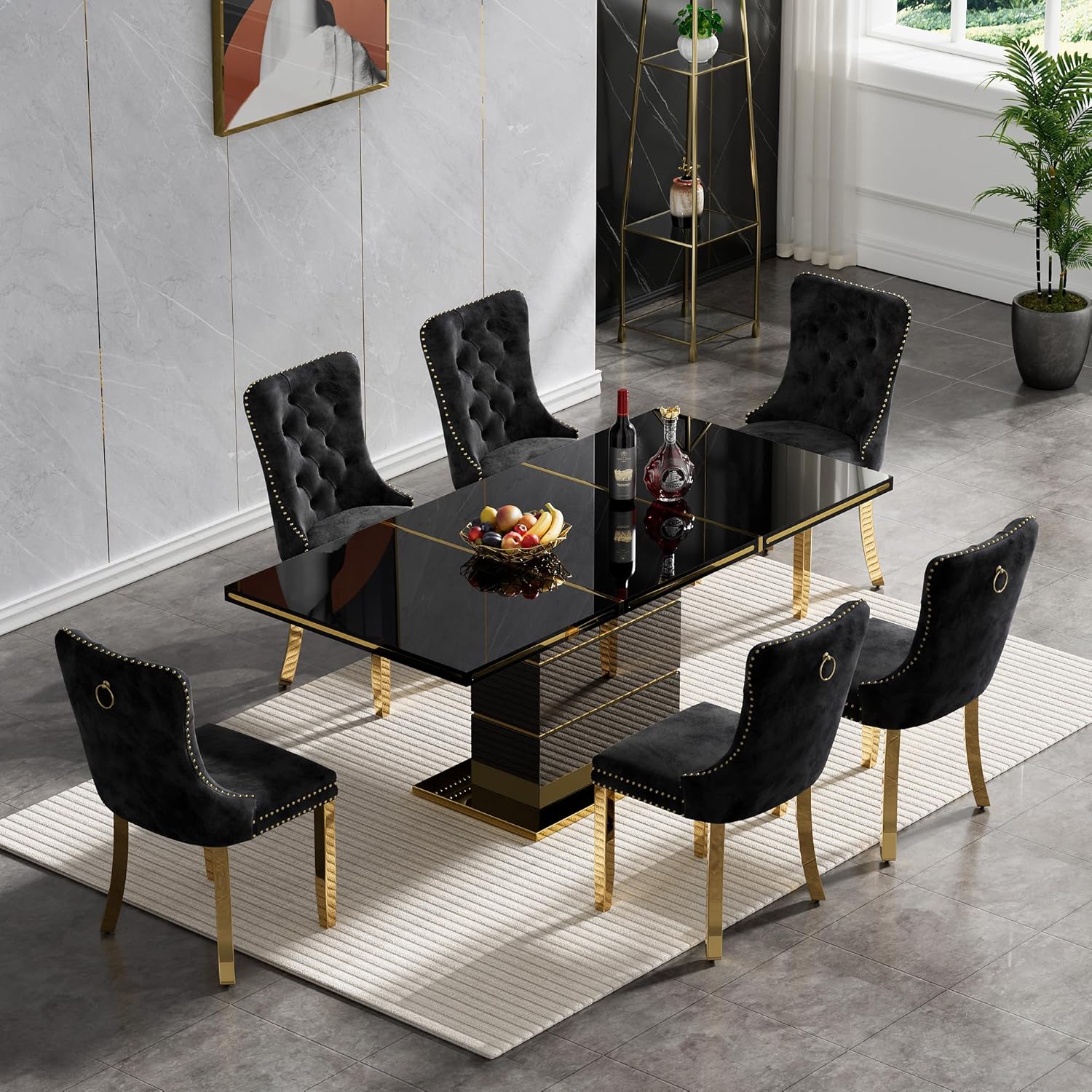 70 Inch Black High Gloss Dining Table, Modern Dining Room Table with Stainless Steel Polished Gold-Plated Bar, Luxurious Kitchen Table for Kitchen Living Room Dining Room