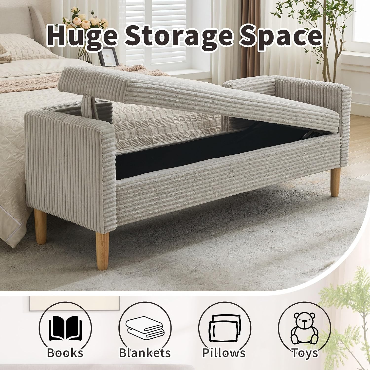 Chifee & Vingol 65.35" W Ottoman with Storage Bench for Bedroom End of Bed with Removable Pillows Upholstered Storage Ottoman Bench for Bedroom Living Room Hallway,Light Gray