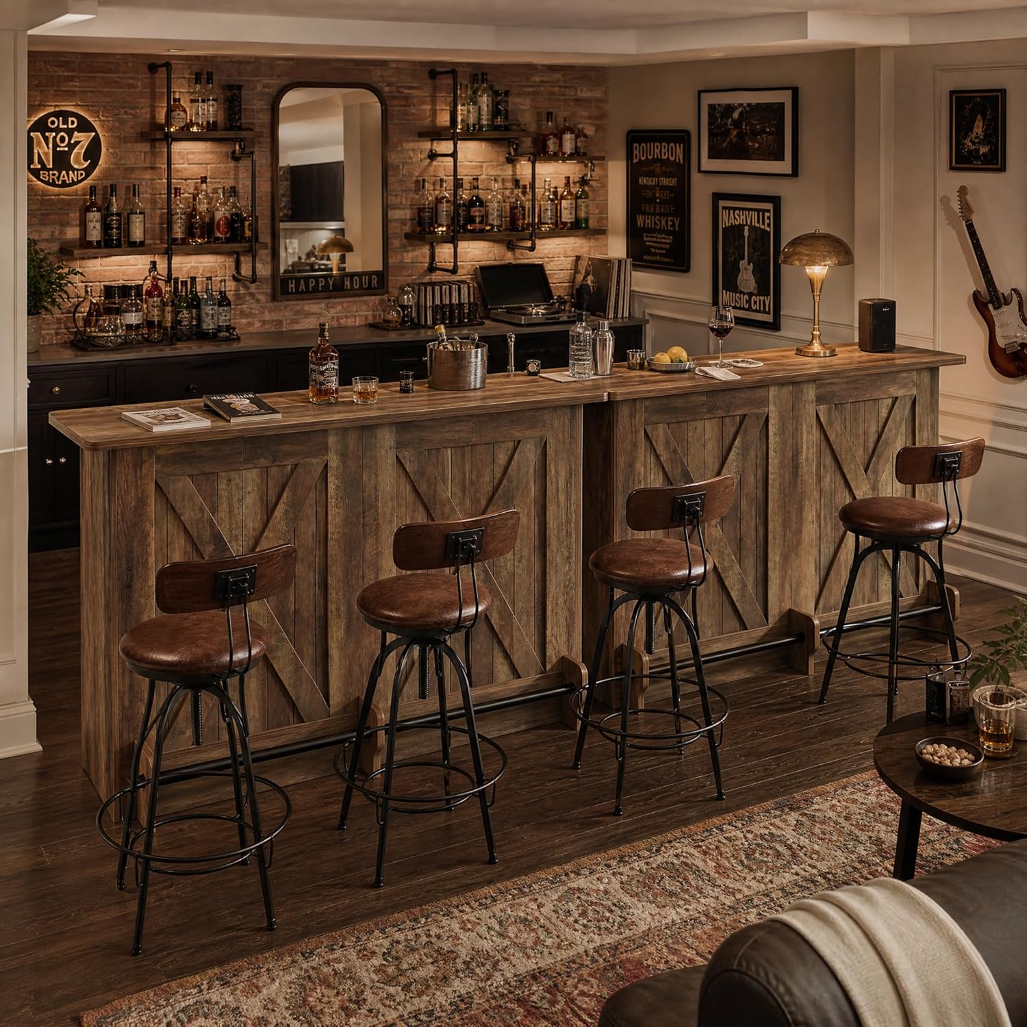 Tribesigns 63" Wooden Bar Table, Farmhouse Home Bar Unit with 2-Tier Storage Shelves and Metal Footrest, Small Bar Cabinet for Kitchen, Dining Room, Bistro (Brown)