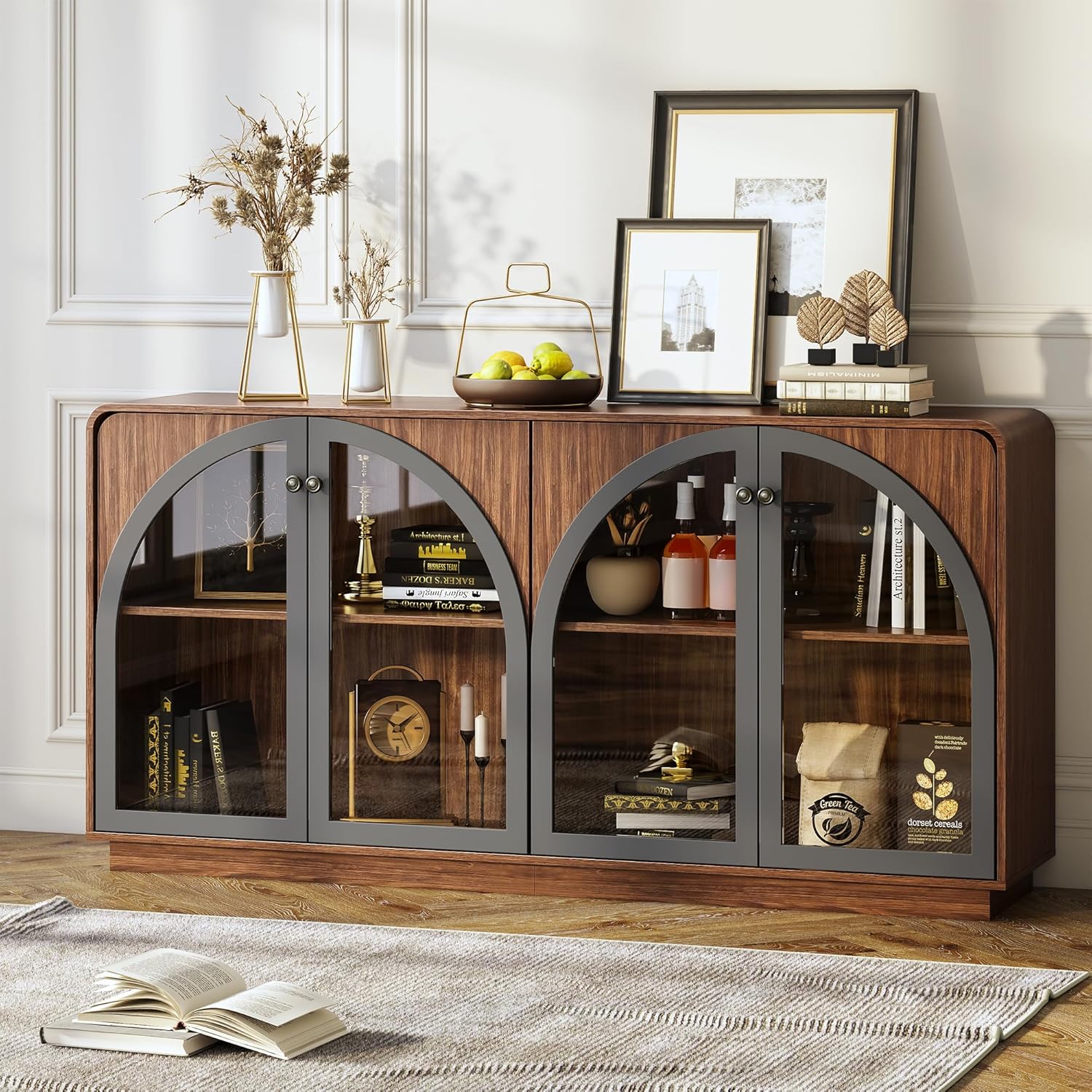 Sideboard Buffet Cabinet with Storage, 68" Walnut Credenza Accent Cabinet Buffet Table w/4 Arched Glass Doors & LED Light, Modern Coffee Bar Liquor Cabinet w/2 Shelves for Kitchen Entryway