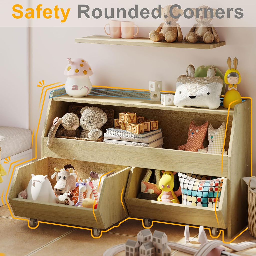 Fulhope Toy Storage Organizer for Kids, Toy Storage Cabinet with Drawers, Boys and Girls Toy Shelf with Wheels, Toy Organizer Kids Bookshelf with Storage for Nursery, Playroom, Bedroom (Burlywood)