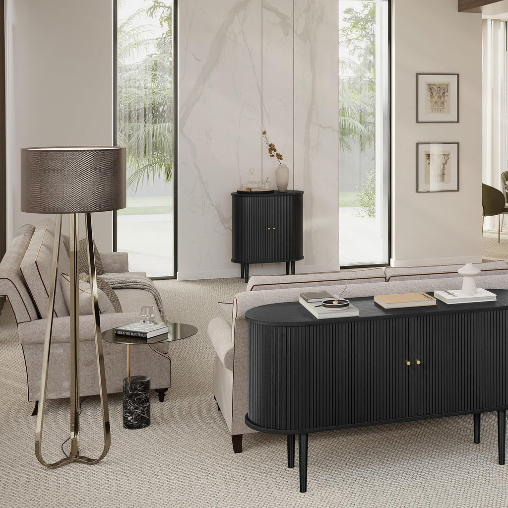 WERMO 28'' Fluted Black Bar Cabinet with Sliding Doors, Hidden Storage and Adjustable Shelf - Modern Liquor Cabinet and Narrow Wine Bar, Small Coffee Station, 28 Inch Wide Sideboard Buffet (Black Oak)