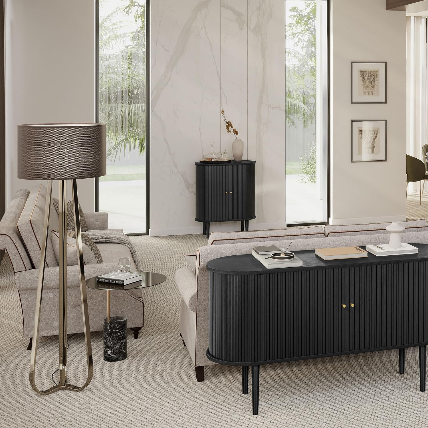 WERMO 28'' Fluted Black Bar Cabinet with Sliding Doors, Hidden Storage and Adjustable Shelf - Modern Liquor Cabinet and Narrow Wine Bar, Small Coffee Station, 28 Inch Wide Sideboard Buffet (Black Oak)