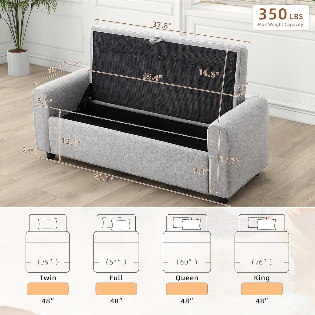 48" Ottoman with Storage, Tufted Storage Ottoman Bench, Convenient Living Room Fabrics Bench Seat, Entryway Shoe Benches with Inner Zipper & Arm, Rivetless Upholstered Window Seat Ottomans, Light Grey