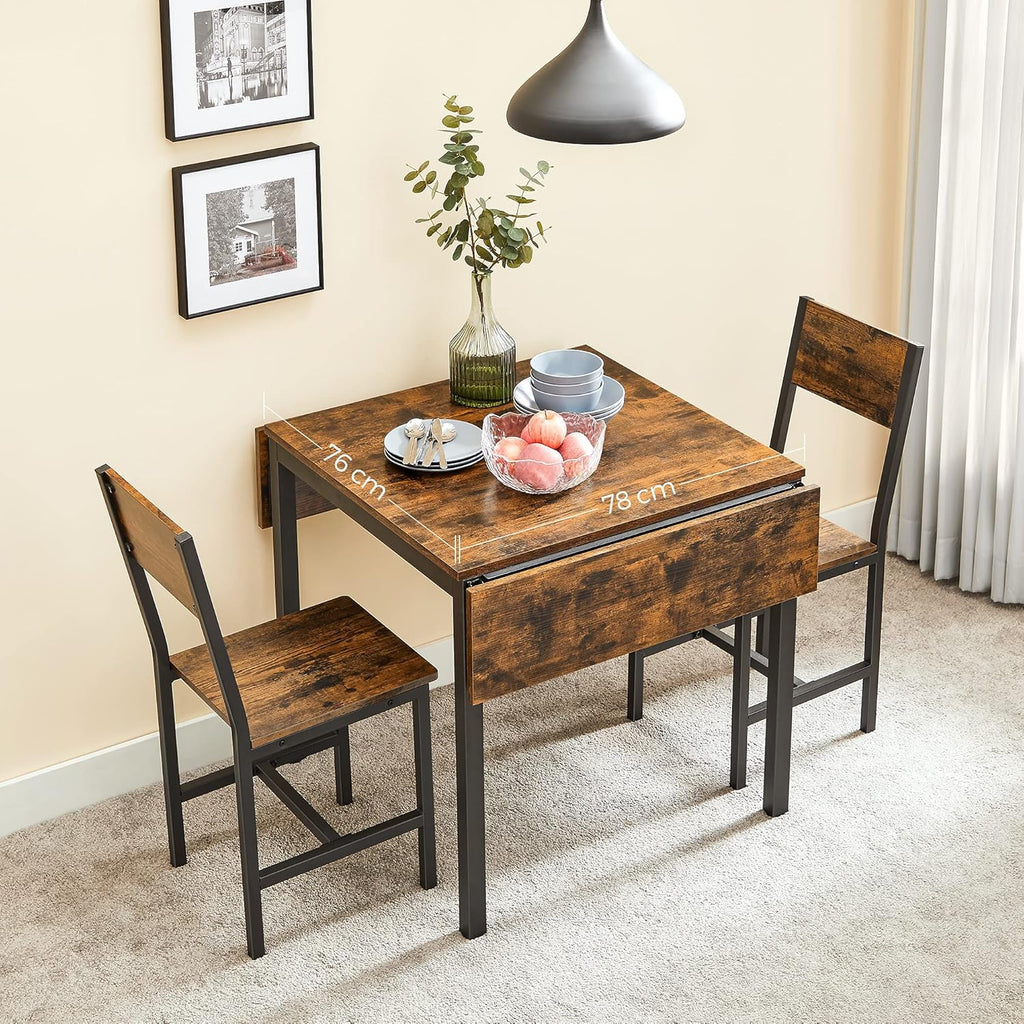 VASAGLE Extendable Dining Set, Dining Table with 2 Chairs, for Kitchen, 33.3-47.3 Inches Wide, Steel Frame, Rustic Brown and Ink Black LDC092B01V1-03