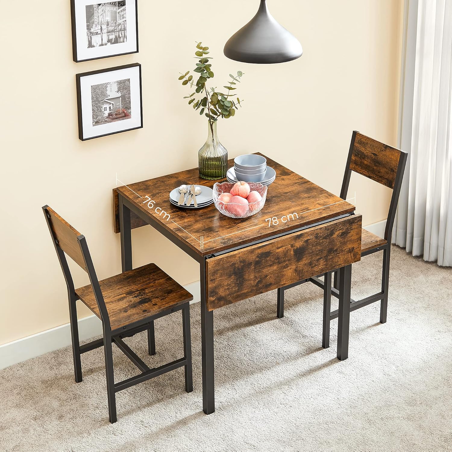 VASAGLE Extendable Dining Set, Dining Table with 2 Chairs, for Kitchen, 33.3-47.3 Inches Wide, Steel Frame, Rustic Brown and Ink Black LDC092B01V1-03