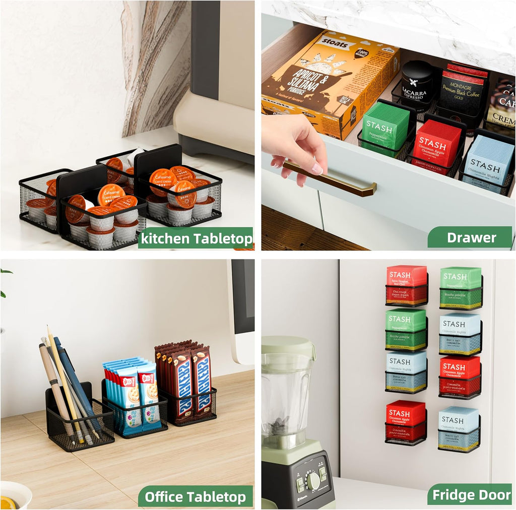 Magnetic 8 Pack Tea Bag Organizer, Metal Tea Bag Holder Coffee Packets organizers for Refrigerator Fridge For Kitchen Organizers and Storage (8P-Black)
