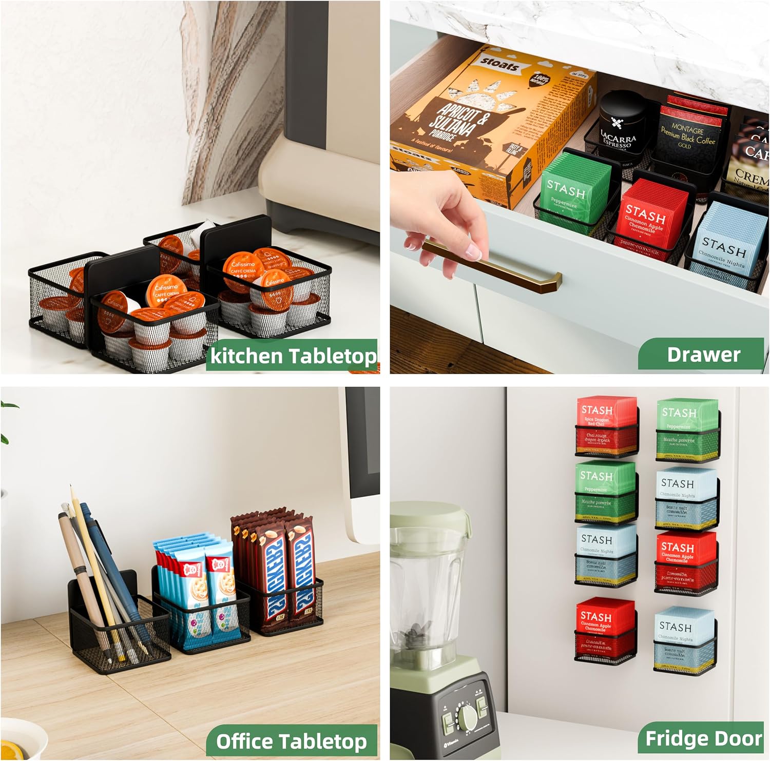 Magnetic 8 Pack Tea Bag Organizer, Metal Tea Bag Holder Coffee Packets organizers for Refrigerator Fridge For Kitchen Organizers and Storage (8P-Black)