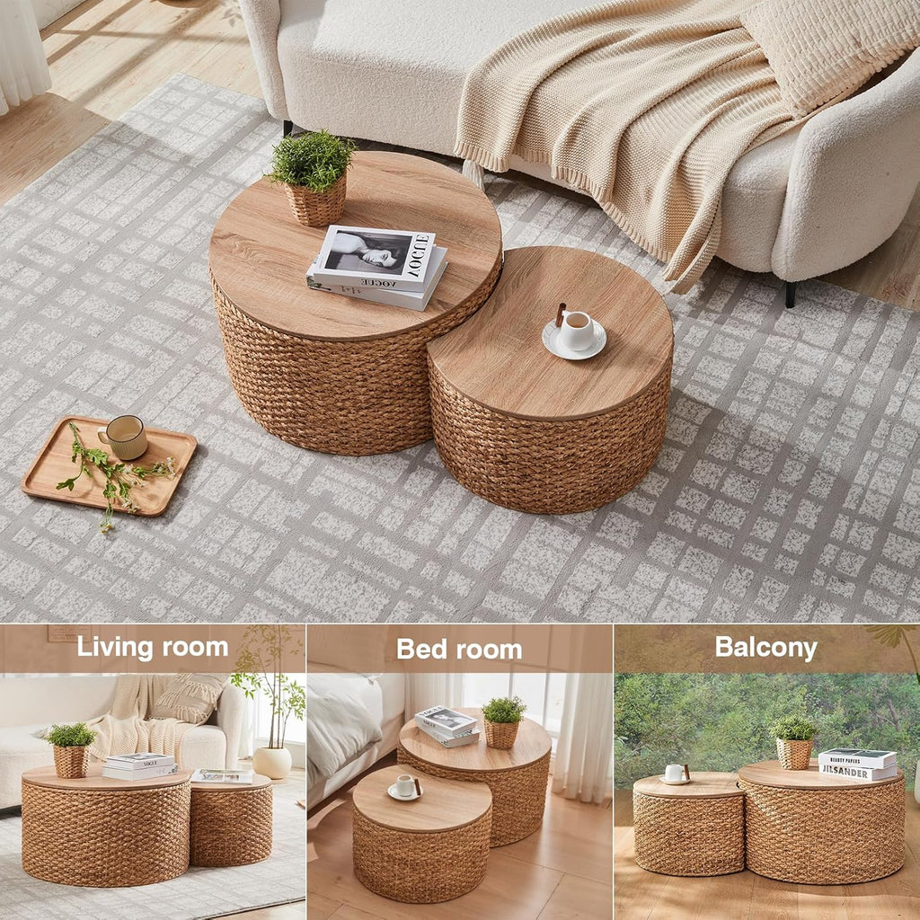 Round Nesting Coffee Table Set of 2 with Storage - Handwoven Wicker Rattan Ottoman Style, Boho Coastal Coffee Tables for Living Room, Rattan Coffee Table with Cover & Soild Wood Frame