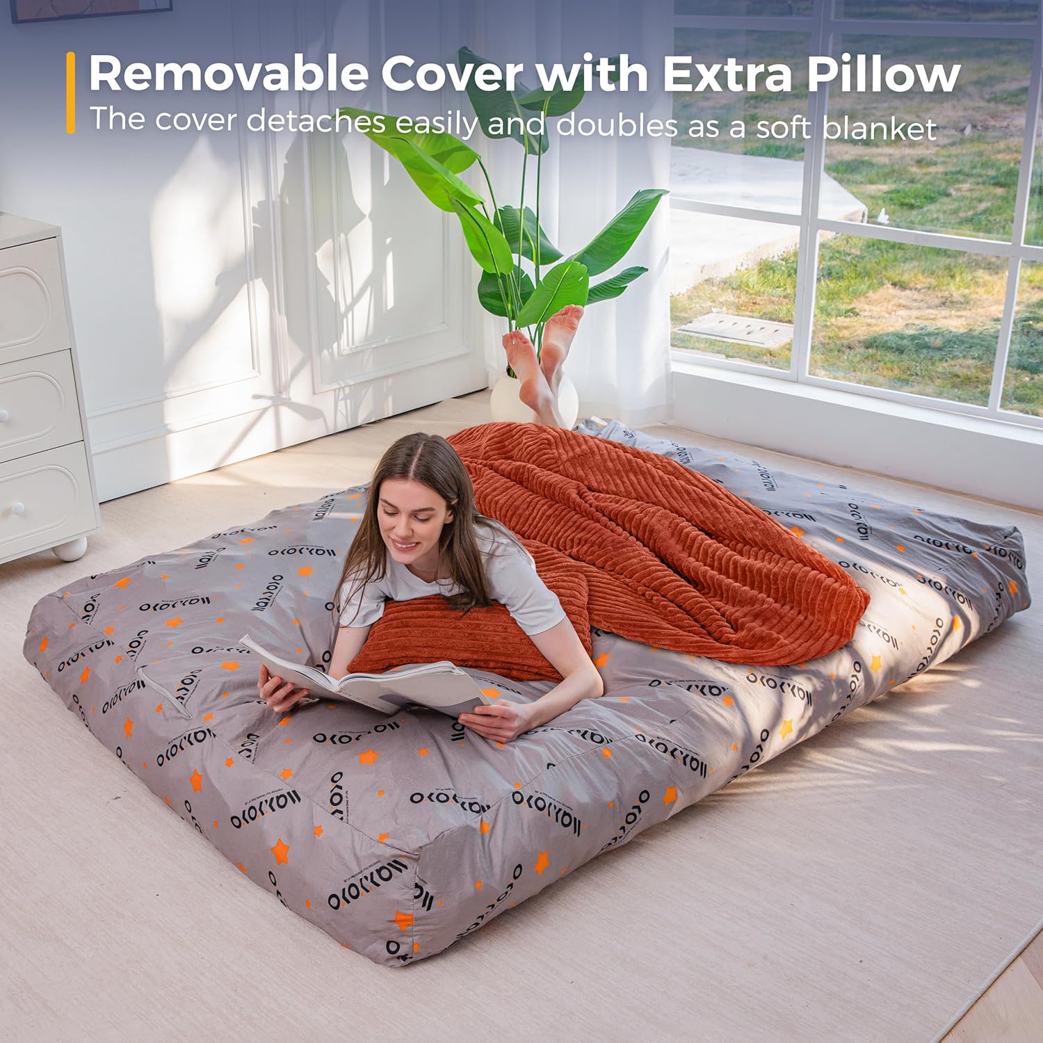 MAXYOYO Giant Bean Bag Chair Bed with Pillow, Convertible Beanbag Sofa to Floor Bed, Lazy Chair Couch with Removable Cover, High-Density Shredded Foam Filling, Cozy Lounge for Bedroom Living Room