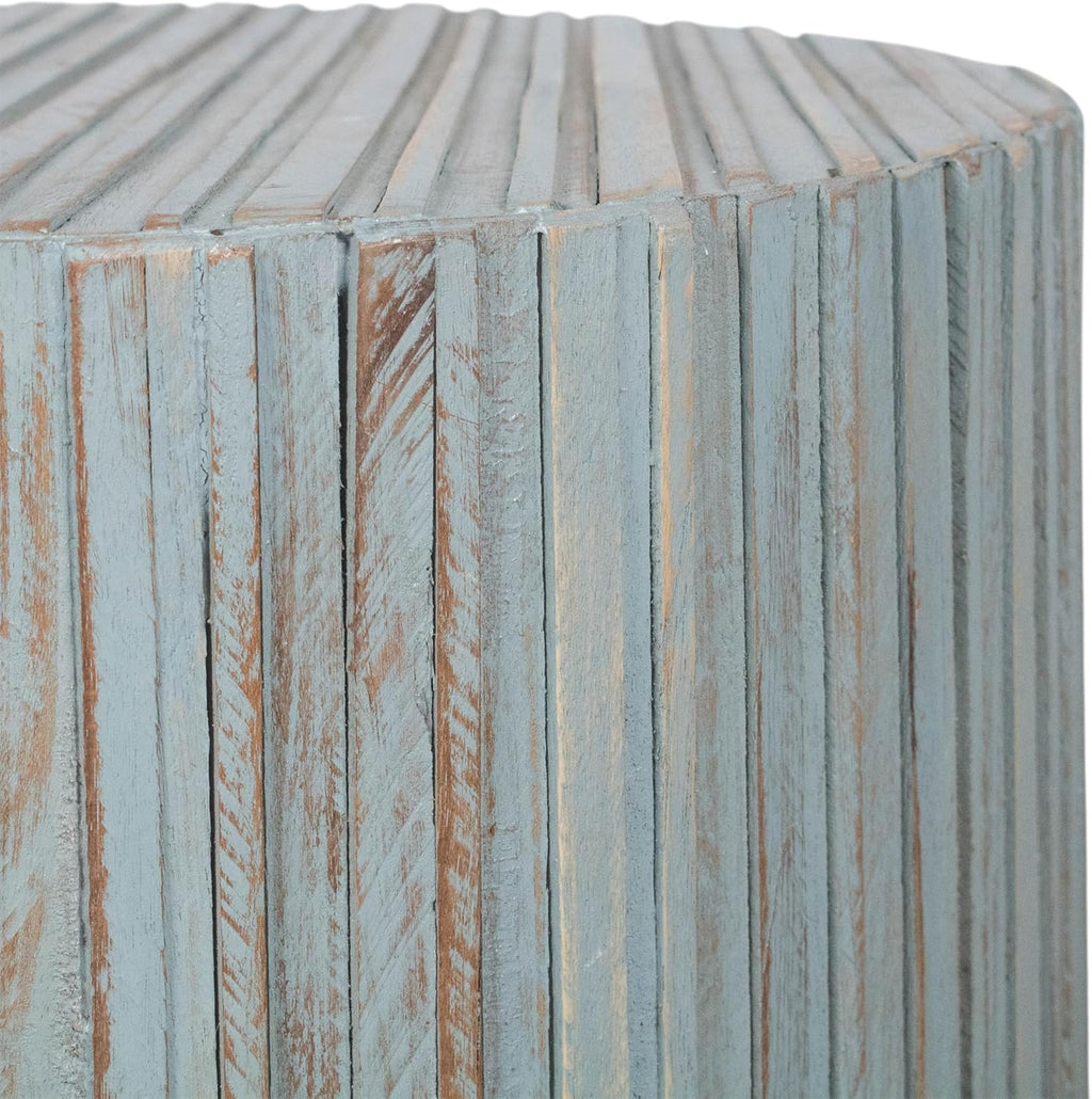 East at Main Monroe Blue Wash Teak End Table – Round Accent Table for Living Room, Bedroom, or Entryway – Solid Wood Handmade Nightstand for Coastal, Boho, and Modern Farmhouse Décor