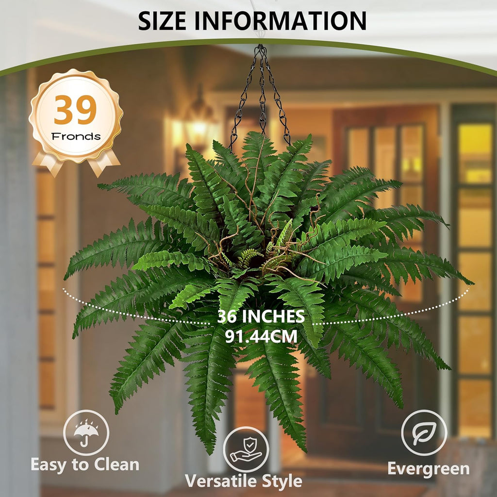36In Artificial Boston Ferns Bush, Set of 2 Large Faux Ferns Plants, 39 Branches Fake Ferns Vines for Home Living Room Decor, Indoor and Outdoor