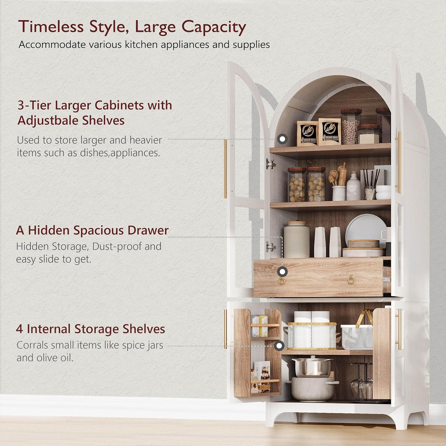 71" Tall Arched Kitchen Pantry Cabinet with Glass Doors, Farmhouse Storage Cupboard, Two-Tone Adjustable Shelves, Hidden Drawer, Soft-Closing Doors for Dining Room & Living Room, (White)
