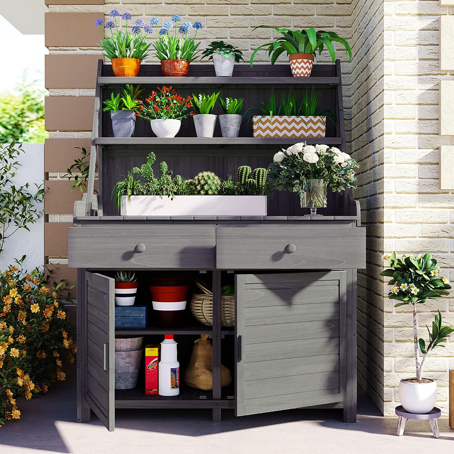 65" Garden Potting Bench with Storage Cabinet, Grey | 100% fir wood, 46.1" worktop, 3-tier shelves, anti-falling devices, 47.2"L x 22.8"W x 65"H, for garden tasks