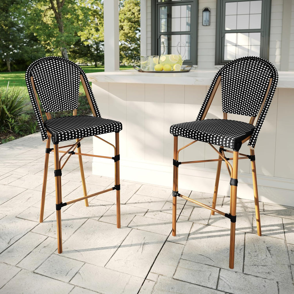 Martha Stewart Lily Pond Indoor-Outdoor Stackable Bar Stools with Natural Woodgrain Aluminum Frame Finish, Black/White Woven Rattan Backrests and Seats, Set of 2