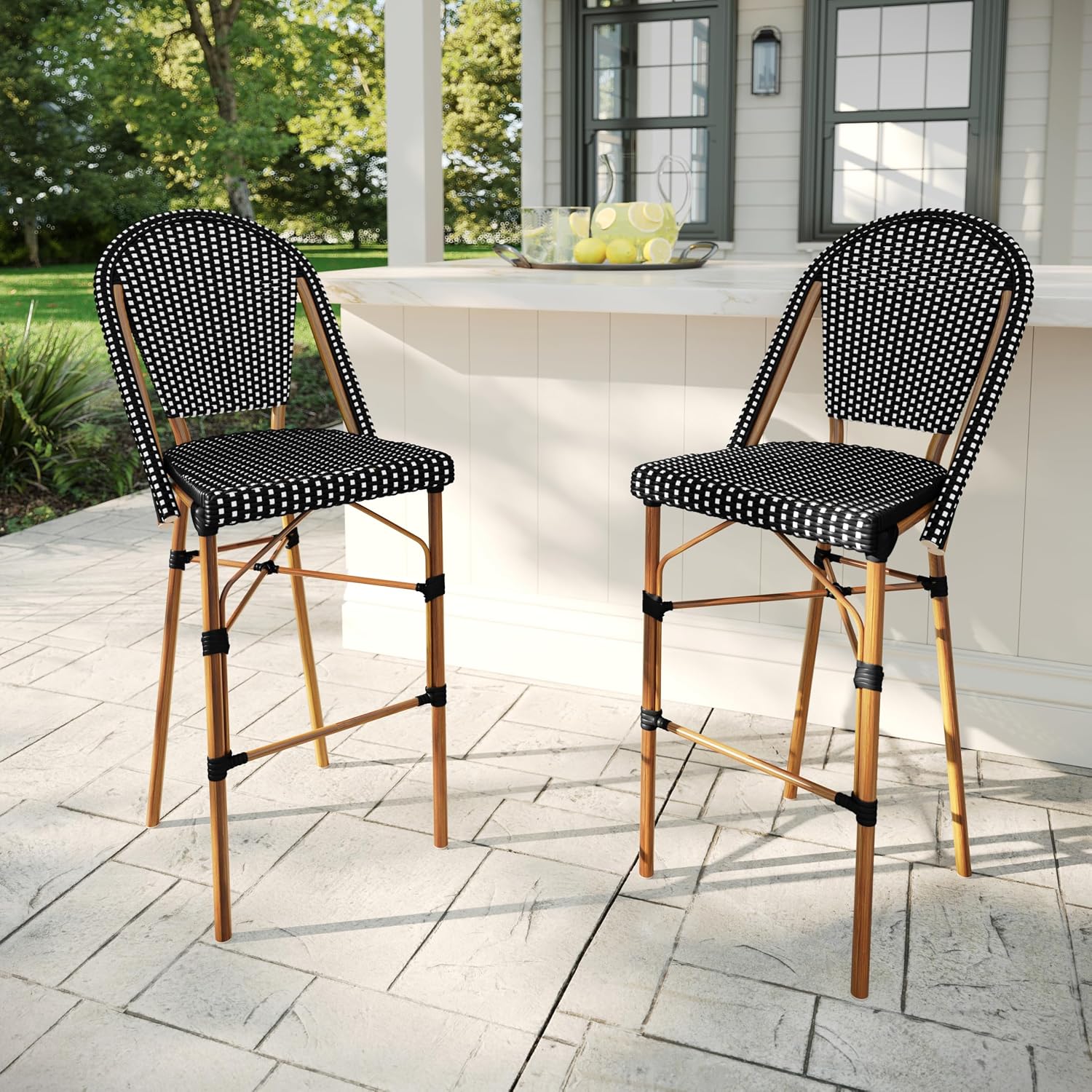 Martha Stewart Lily Pond Indoor-Outdoor Stackable Bar Stools with Natural Woodgrain Aluminum Frame Finish, Black/White Woven Rattan Backrests and Seats, Set of 2