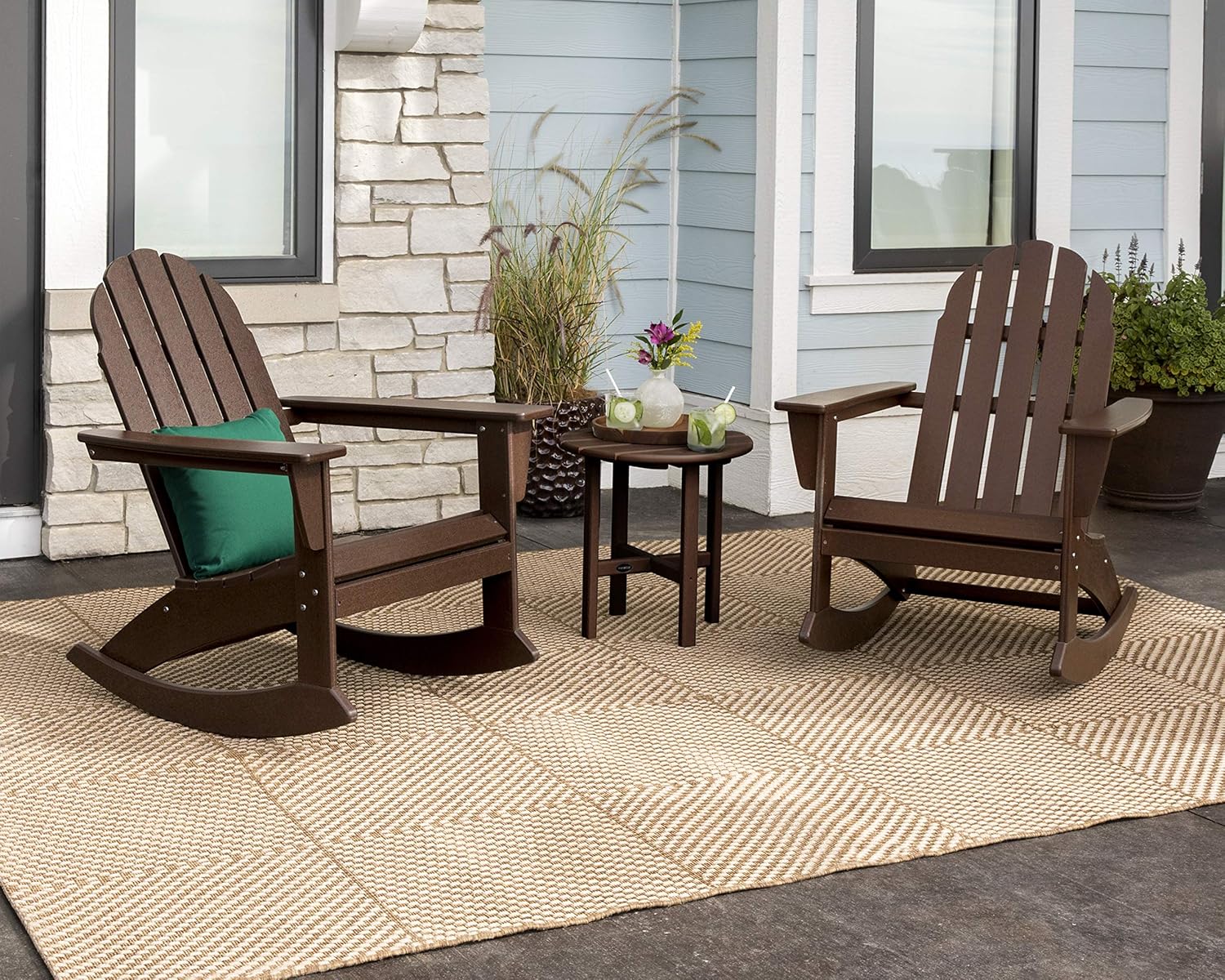 POLYWOOD Vineyard Adirondack 3-Piece Rocking Chair Set, Outdoor Patio Furniture with Side Table, HDPE All-Weather Porch Rockers, Fade-Proof, Black