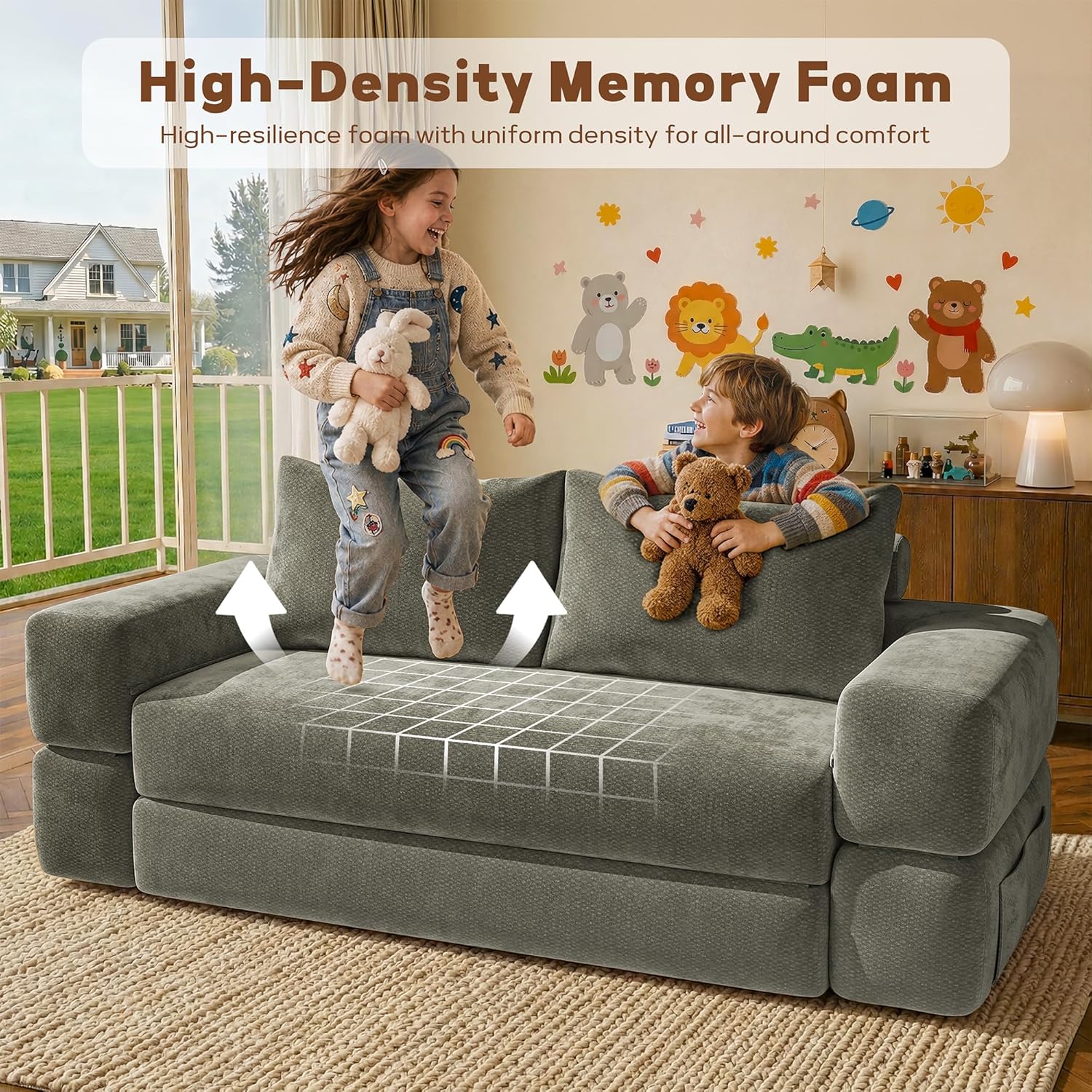75'' Folding Convertible Sofa Bed with Large Pillow, 4-in-1 Foldable Pull Out Futon Sofa Bed, Chenille Boneless Mattress Couch, No Assembly Floor Sleeper Sofa Bed for Living Room/Bedroom, Light Brown